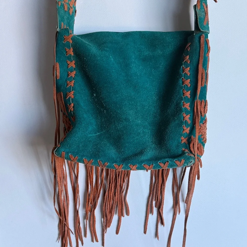 Bohemian Fringe Suede Shoulder Bag - Teal and Brown - Picture 2 of 6
